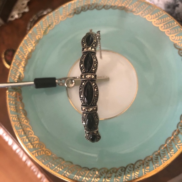 Vintage 925 Black Onyx Marcasite Bracelet - Picture 6 of 6